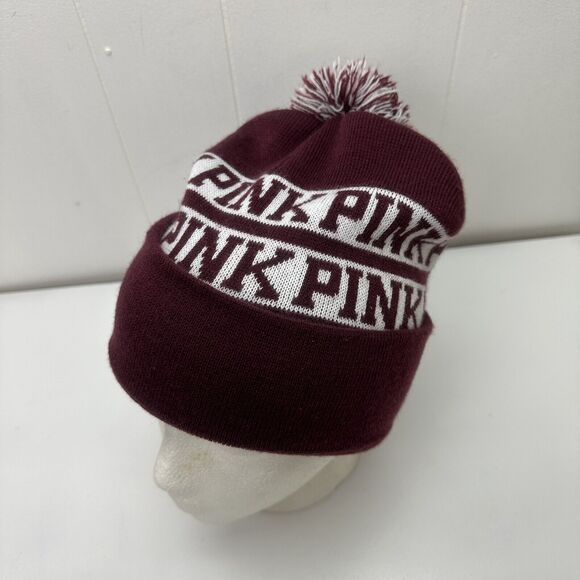 Victorias Secret PINK Beanie Hat Winter Cap Maroon White Knit - Picture 11 of 11